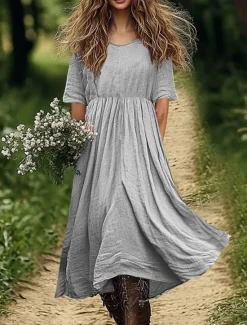 New Women's Cotton Linen Midi Dress Shift Dress A Line Dress Summer Dress Casual Daily Holiday Loose Fit Plain Short Sleeve V Neck White Pink Blue Green Summer Spring Women Dresses