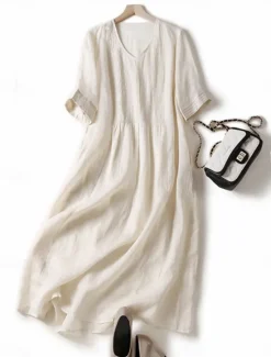 Discount Women's Cotton Linen Midi Dress A Line Dress Summer Dress Casual Daily Regular Fit Plain Half Sleeve Crew Neck White Blue Purple Green Summer Women Dresses|Casual Dress