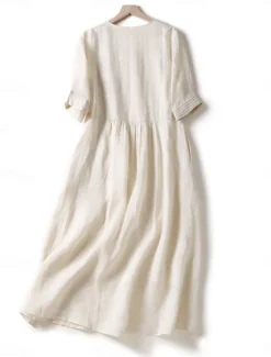 Discount Women's Cotton Linen Midi Dress A Line Dress Summer Dress Casual Daily Regular Fit Plain Half Sleeve Crew Neck White Blue Purple Green Summer Women Dresses|Casual Dress