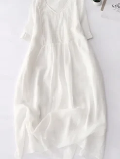 Discount Women's Cotton Linen Midi Dress A Line Dress Summer Dress Casual Daily Regular Fit Plain Half Sleeve Crew Neck White Blue Purple Green Summer Women Dresses|Casual Dress
