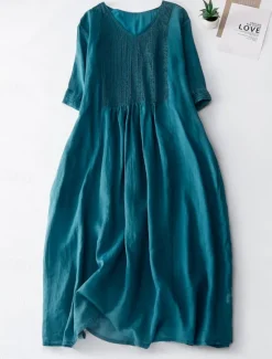 Discount Women's Cotton Linen Midi Dress A Line Dress Summer Dress Casual Daily Regular Fit Plain Half Sleeve Crew Neck White Blue Purple Green Summer Women Dresses|Casual Dress