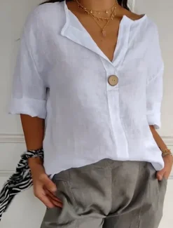 Women's Cotton Linen Mini Dress Shirt Dress Basic Casual Vacation Daily Regular Fit Plain 3/4 Length Sleeve V Neck Black White Red Green Summer Women Shirts