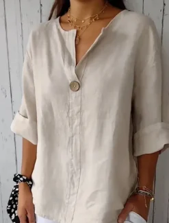 Women's Cotton Linen Mini Dress Shirt Dress Basic Casual Vacation Daily Regular Fit Plain 3/4 Length Sleeve V Neck Black White Red Green Summer Women Shirts