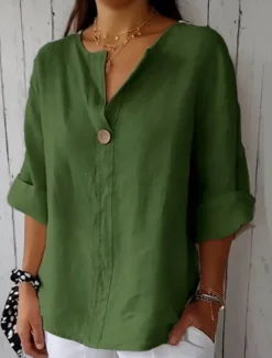 Women's Cotton Linen Mini Dress Shirt Dress Basic Casual Vacation Daily Regular Fit Plain 3/4 Length Sleeve V Neck Black White Red Green Summer Women Shirts