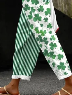 Online Women's Cotton Linen Pants Baggy Pants Linen Like Vintage Fashion Full Length High Waist Geometric Shamrock Lines / Waves Printing Breathable Soft Micro-elastic Outdoor Daily Linen Like Women Pants