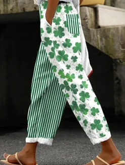Online Women's Cotton Linen Pants Baggy Pants Linen Like Vintage Fashion Full Length High Waist Geometric Shamrock Lines / Waves Printing Breathable Soft Micro-elastic Outdoor Daily Linen Like Women Pants