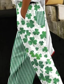 Online Women's Cotton Linen Pants Baggy Pants Linen Like Vintage Fashion Full Length High Waist Geometric Shamrock Lines / Waves Printing Breathable Soft Micro-elastic Outdoor Daily Linen Like Women Pants