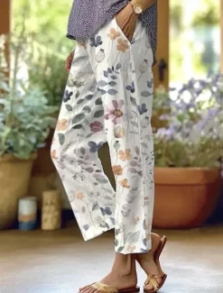 Women's Cotton Linen Pants Baggy Pants Linen Like Beach Shorts Vacation Vintage Fashion Full Length High Waist Floral Graphic Printing Breathable Soft Micro-elastic Vacation Causal Casual Women Pants