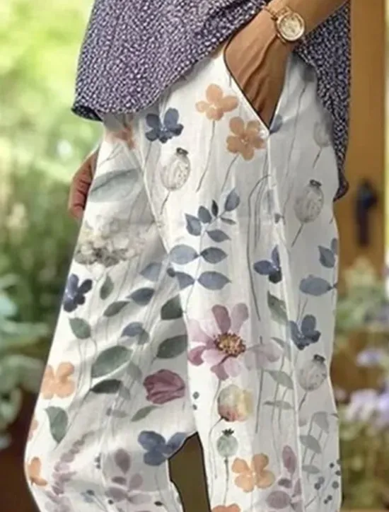 Women's Cotton Linen Pants Baggy Pants Linen Like Beach Shorts Vacation Vintage Fashion Full Length High Waist Floral Graphic Printing Breathable Soft Micro-elastic Vacation Causal Casual Women Pants