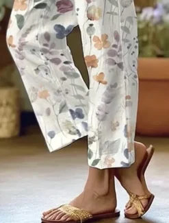 Women's Cotton Linen Pants Baggy Pants Linen Like Beach Shorts Vacation Vintage Fashion Full Length High Waist Floral Graphic Printing Breathable Soft Micro-elastic Vacation Causal Casual Women Pants