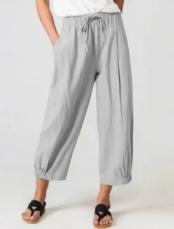 Outlet Women's Cotton Linen Pants Chinos Classic Casual Full Length High Waist Plain Pocket Elastic Waistband Comfy Soft Comfortable Micro-elastic Outdoor Street Navy-blue Light Gray Summer Spring Regular Women Pants