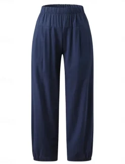 Outlet Women's Cotton Linen Pants Chinos Classic Casual Full Length High Waist Plain Pocket Elastic Waistband Comfy Soft Comfortable Micro-elastic Outdoor Street Navy-blue Light Gray Summer Spring Regular Women Pants