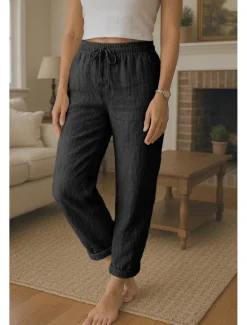 Outlet Women's Cotton Linen Pants Comfort Full Length High Waist Plain Pocket Elastic Waistband Comfy Outdoor Comfortable Daily Wear Black White Red Green Summer Regular Fit Women Pants