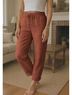 Outlet Women's Cotton Linen Pants Comfort Full Length High Waist Plain Pocket Elastic Waistband Comfy Outdoor Comfortable Daily Wear Black White Red Green Summer Regular Fit Women Pants