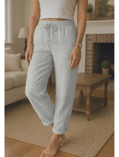 Outlet Women's Cotton Linen Pants Comfort Full Length High Waist Plain Pocket Elastic Waistband Comfy Outdoor Comfortable Daily Wear Black White Red Green Summer Regular Fit Women Pants