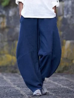Sale Women's Cotton Linen Pants Chinos Pants Trousers Simple Casual Full Length High Waist Plain Pocket Elastic Waist Baggy Comfort Breathability Soft Micro-elastic Vacation Street Daily Cuticolor Black Women Pants