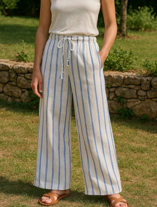 Hot Women's Cotton Linen Pants Culottes Wide Leg Vacation Vintage Ethnic Style Full Length Mid Waist Striped Drawstring Pocket Elastic Waist Comfy Breathability Soft Inelastic Vacation Home Street Blue Women Pants