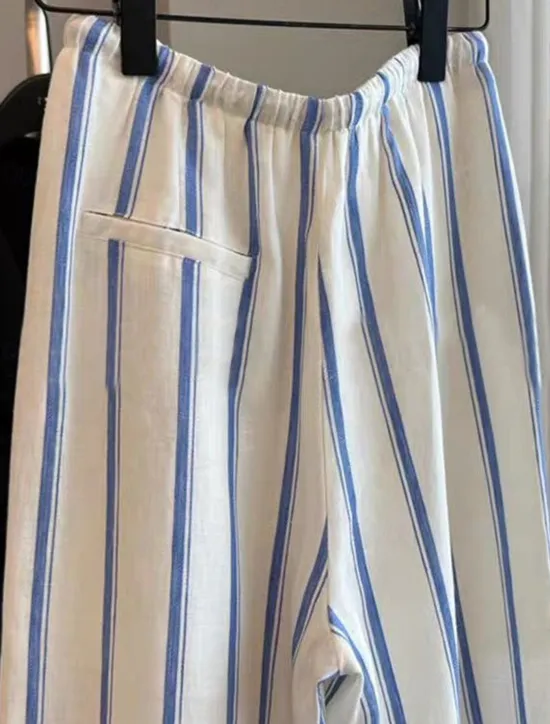 Hot Women's Cotton Linen Pants Culottes Wide Leg Vacation Vintage Ethnic Style Full Length Mid Waist Striped Drawstring Pocket Elastic Waist Comfy Breathability Soft Inelastic Vacation Home Street Blue Women Pants
