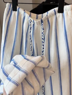 Hot Women's Cotton Linen Pants Culottes Wide Leg Vacation Vintage Ethnic Style Full Length Mid Waist Striped Drawstring Pocket Elastic Waist Comfy Breathability Soft Inelastic Vacation Home Street Blue Women Pants