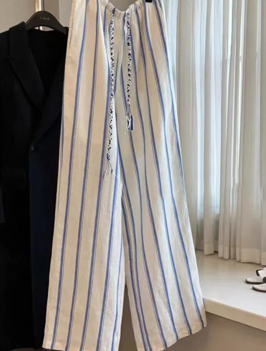 Hot Women's Cotton Linen Pants Culottes Wide Leg Vacation Vintage Ethnic Style Full Length Mid Waist Striped Drawstring Pocket Elastic Waist Comfy Breathability Soft Inelastic Vacation Home Street Blue Women Pants