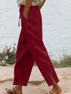 Hot Women's Cotton Linen Pants Solid Color Chinos Vacation Fashion Casual Long High Waist Plain Pocket Drawstring Comfort Outdoor Micro-elastic Vacation Street Daily Camel Wine Black White Summer Women Pants