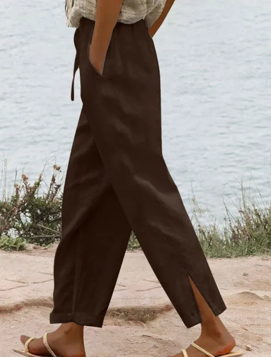 Hot Women's Cotton Linen Pants Solid Color Chinos Vacation Fashion Casual Long High Waist Plain Pocket Drawstring Comfort Outdoor Micro-elastic Vacation Street Daily Camel Wine Black White Summer Women Pants