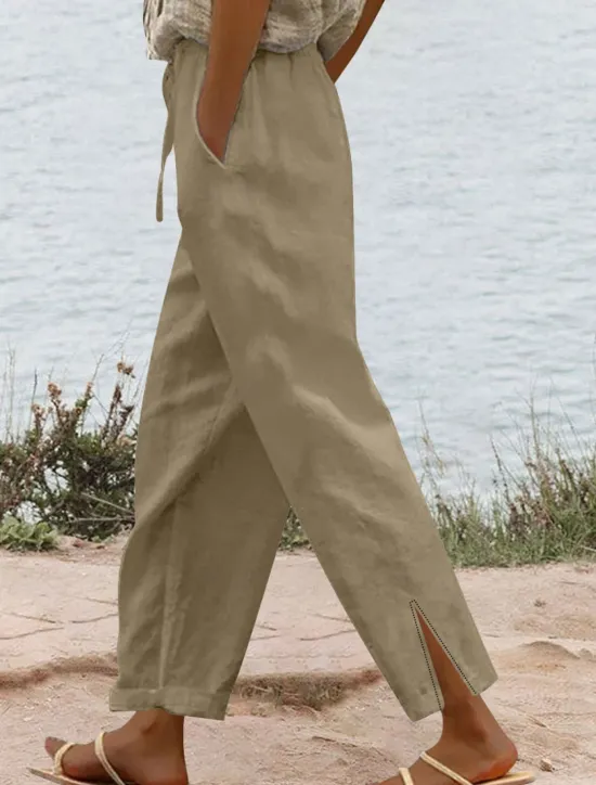 Hot Women's Cotton Linen Pants Solid Color Chinos Vacation Fashion Casual Long High Waist Plain Pocket Drawstring Comfort Outdoor Micro-elastic Vacation Street Daily Camel Wine Black White Summer Women Pants