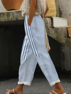 Online Women's Cotton Linen Pants Baggy Pants Linen Like Elegant Vintage Fashion Full Length High Waist Geometric Plaid Printing Breathable Soft Micro-elastic Outdoor Daily Regular Fit Women Pants|Leggings