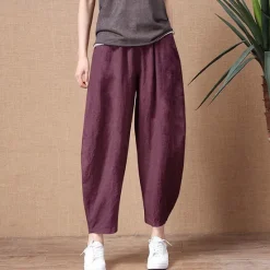 Sale Women's Cotton Linen Pants Pants Trousers Casual Daily Ankle-Length Plain Side Pockets Breathability Comfortable Inelastic Going out Weekend Black Wine Sky Blue Khaki Spring & Summer Regular Fit Women Pants