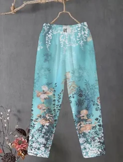 Sale Women's Cotton Linen Pants Slacks Baggy Pants Comfort Chino Ankle-Length Medium Waist Flower Pocket Baggy Print Breathability Micro-elastic Outdoor Daily Light Pink Light Green Light Purple Light Blue Women Pants