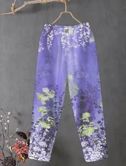 Sale Women's Cotton Linen Pants Slacks Baggy Pants Comfort Chino Ankle-Length Medium Waist Flower Pocket Baggy Print Breathability Micro-elastic Outdoor Daily Light Pink Light Green Light Purple Light Blue Women Pants