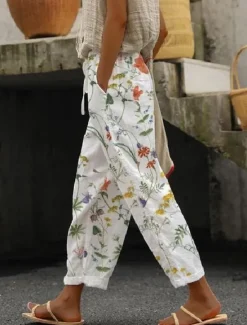 Sale Women's Cotton Linen Pants Baggy Pants Linen Like Vintage Casual Ankle-Length Floral Drawstring Side Pockets Print Comfort Inelastic Casual Daily Summer Spring Fall Regular Fit Women Pants