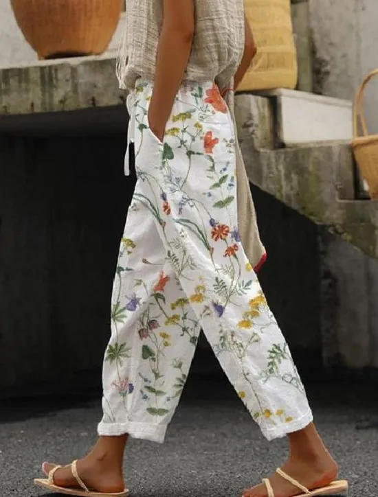 Sale Women's Cotton Linen Pants Baggy Pants Linen Like Vintage Casual Ankle-Length Floral Drawstring Side Pockets Print Comfort Inelastic Casual Daily Summer Spring Fall Regular Fit Women Pants