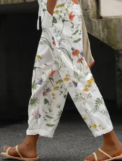 Sale Women's Cotton Linen Pants Baggy Pants Linen Like Vintage Casual Ankle-Length Floral Drawstring Side Pockets Print Comfort Inelastic Casual Daily Summer Spring Fall Regular Fit Women Pants