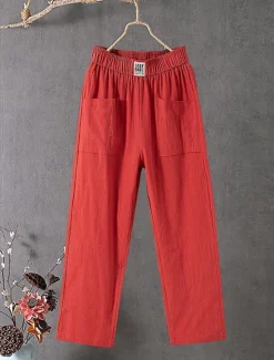 Best Women's Cotton Linen Pants Slacks Baggy Pants Solid Classic Ankle-Length Mid Waist Pocket Baggy Elastic Drawstring Design Comfort Breathability Soft Micro-elastic Dailywear Casual Black White Red Women Pants