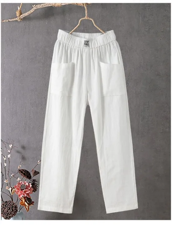 Best Women's Cotton Linen Pants Slacks Baggy Pants Solid Classic Ankle-Length Mid Waist Pocket Baggy Elastic Drawstring Design Comfort Breathability Soft Micro-elastic Dailywear Casual Black White Red Women Pants