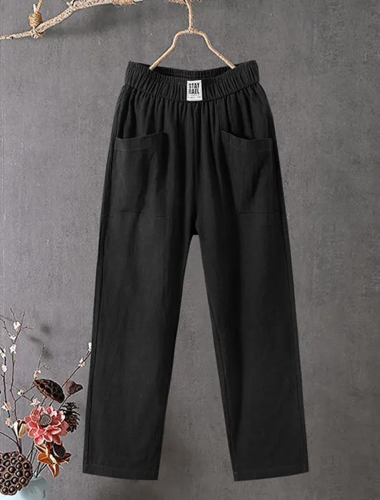 Best Women's Cotton Linen Pants Slacks Baggy Pants Solid Classic Ankle-Length Mid Waist Pocket Baggy Elastic Drawstring Design Comfort Breathability Soft Micro-elastic Dailywear Casual Black White Red Women Pants