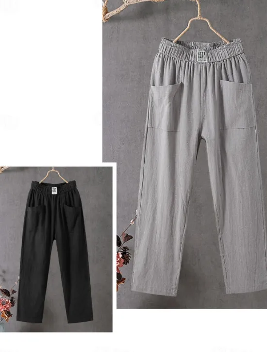 Best Women's Cotton Linen Pants Slacks Baggy Pants Solid Classic Ankle-Length Mid Waist Pocket Baggy Elastic Drawstring Design Comfort Breathability Soft Micro-elastic Dailywear Casual Black White Red Women Pants