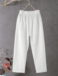 Best Women's Cotton Linen Pants Slacks Baggy Pants Solid Classic Ankle-Length Mid Waist Pocket Baggy Elastic Drawstring Design Comfort Breathability Soft Micro-elastic Dailywear Casual Black White Red Women Pants