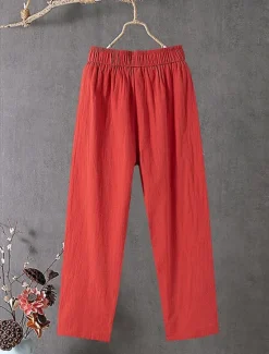 Best Women's Cotton Linen Pants Slacks Baggy Pants Solid Classic Ankle-Length Mid Waist Pocket Baggy Elastic Drawstring Design Comfort Breathability Soft Micro-elastic Dailywear Casual Black White Red Women Pants