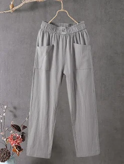 Best Women's Cotton Linen Pants Slacks Baggy Pants Solid Classic Ankle-Length Mid Waist Pocket Baggy Elastic Drawstring Design Comfort Breathability Soft Micro-elastic Dailywear Casual Black White Red Women Pants