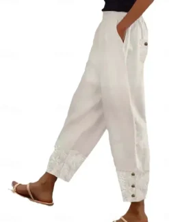 New Women's Cotton Linen Pants Baggy Pants Linen Like Solid Color Chinos Fashion Streetwear Basic Ankle-Length Medium Waist Plain Pocket Elastic Waist Comfort Outdoor Micro-elastic Vacation Street Daily Women Pants