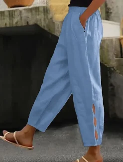 Best Women's Cotton Linen Pants Baggy Pants Linen Like Chinos Basic Casual Ankle-Length High Waist Plain Pocket Elastic Waistband Comfy Soft Comfortable Micro-elastic Vacation Street Daily Women Pants