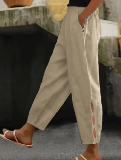 Best Women's Cotton Linen Pants Baggy Pants Linen Like Chinos Basic Casual Ankle-Length High Waist Plain Pocket Elastic Waistband Comfy Soft Comfortable Micro-elastic Vacation Street Daily Women Pants