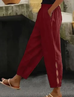 Best Women's Cotton Linen Pants Baggy Pants Linen Like Chinos Basic Casual Ankle-Length High Waist Plain Pocket Elastic Waistband Comfy Soft Comfortable Micro-elastic Vacation Street Daily Women Pants