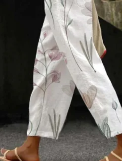 Online Women's Cotton Linen Pants Baggy Pants Linen Like Elegant Vintage Fashion Full Length High Waist Floral Printing Breathable Soft Micro-elastic Outdoor Daily Linen Like Regular Fit Women Pants