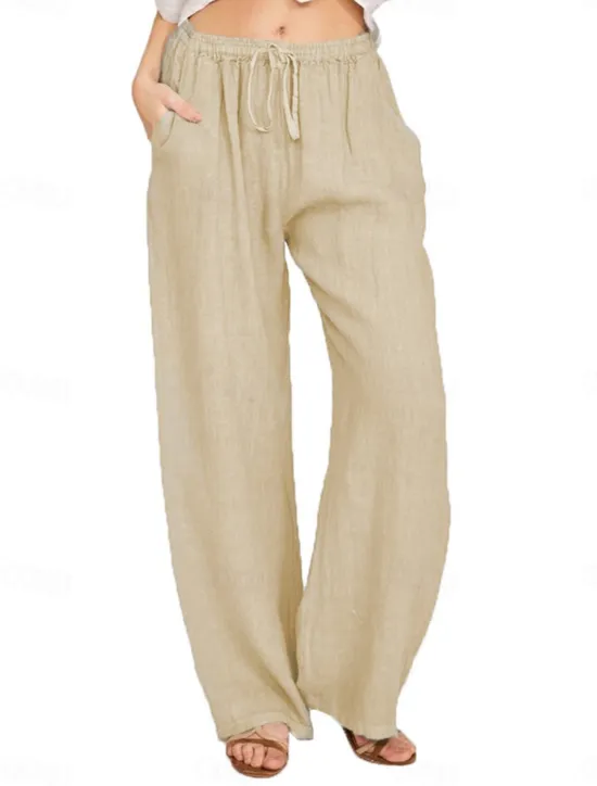 Clearance Women's Cotton Linen Pants Comfort Pure Color Pocket Elastic Waist Breathable Micro-elastic Home Black White Wine Navy Blue Summer Women Pants