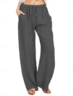 Clearance Women's Cotton Linen Pants Comfort Pure Color Pocket Elastic Waist Breathable Micro-elastic Home Black White Wine Navy Blue Summer Women Pants