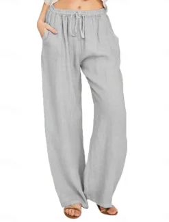 Clearance Women's Cotton Linen Pants Comfort Pure Color Pocket Elastic Waist Breathable Micro-elastic Home Black White Wine Navy Blue Summer Women Pants