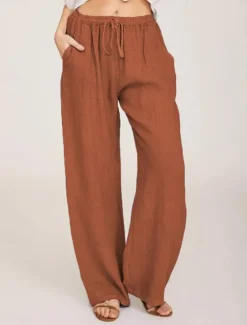 Clearance Women's Cotton Linen Pants Comfort Pure Color Pocket Elastic Waist Breathable Micro-elastic Home Black White Wine Navy Blue Summer Women Pants